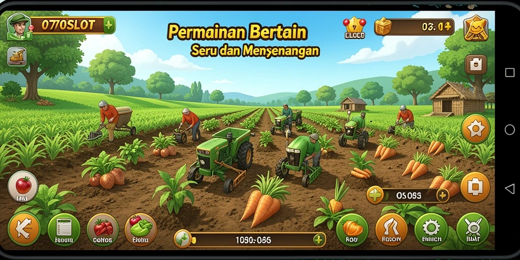 Tampilan gameplay seru dari 070SLOT yang menampilkan pertanian yang aktif.