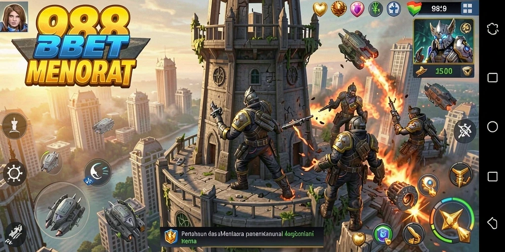 Tangkapan layar permainan <strong>988BET</strong> dengan aksi mempertahankan menara yang mendebarkan.