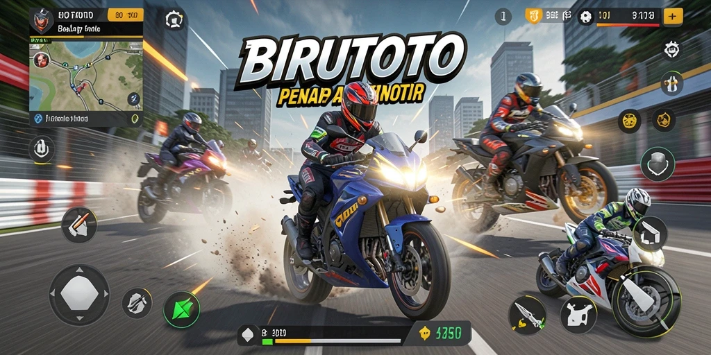 Tampilan gameplay BIRUTOTO dengan aksi balap motor yang intens.