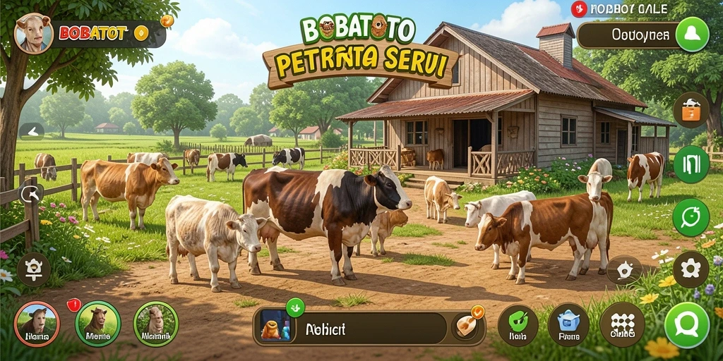 Screenshot gameplay BOBATOTO menampilkan kebun yang indah dan hewan peliharaan.
