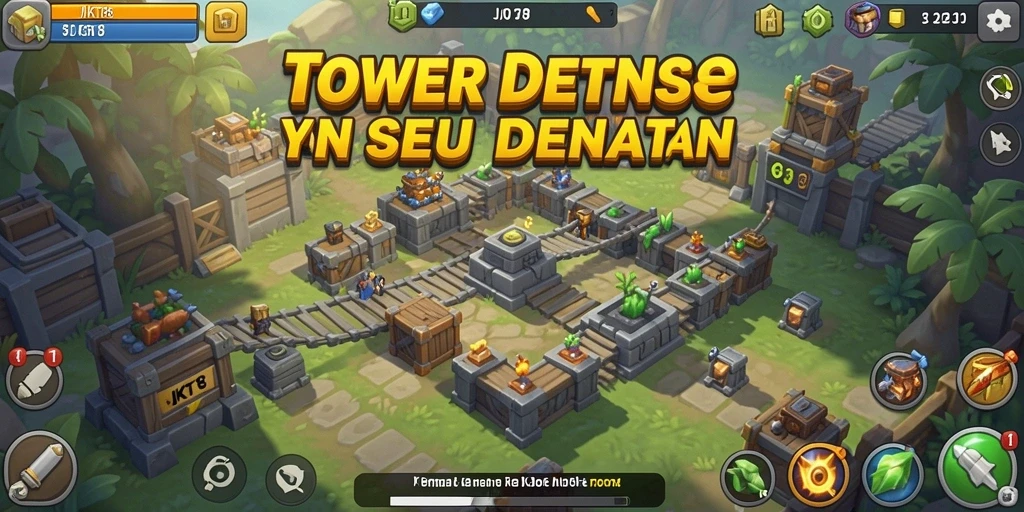 Screenshot gameplay JKT8 yang menampilkan aksi Tower Defense intens.