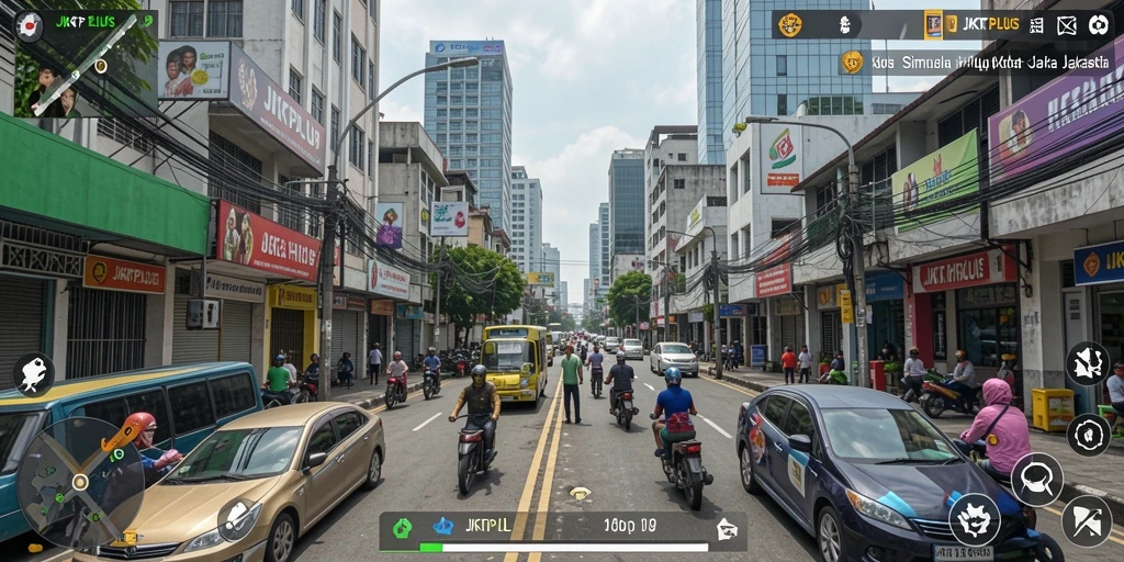 Tampilan gameplay <strong>JKTPLUS</strong> menampilkan interaksi karakter di Jakarta.