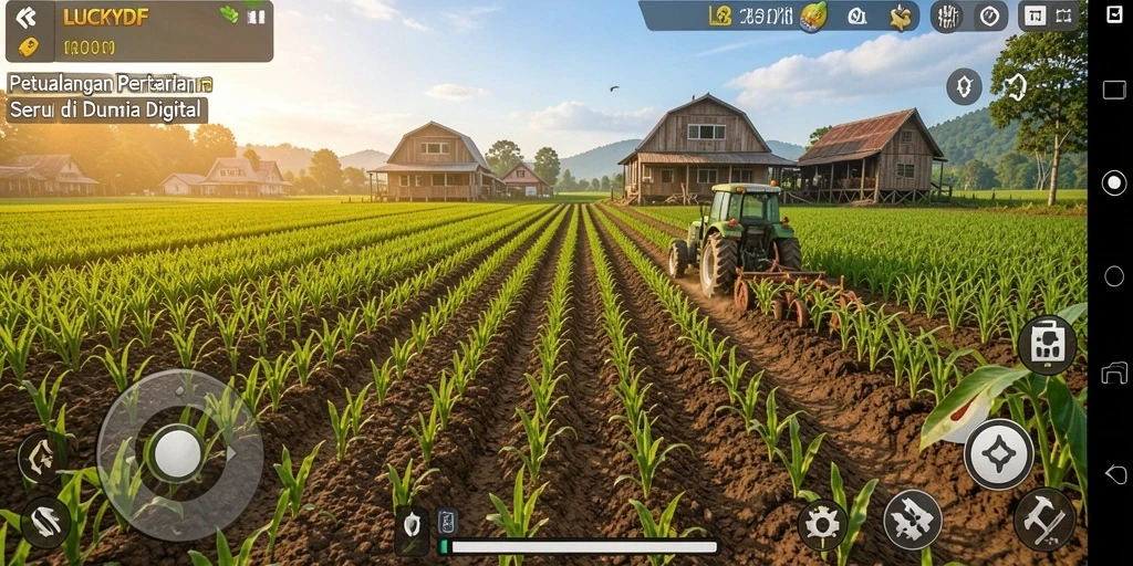 Screenshot gameplay LUCKYDF menampilkan ladang hijau subur dengan beragam tanaman.