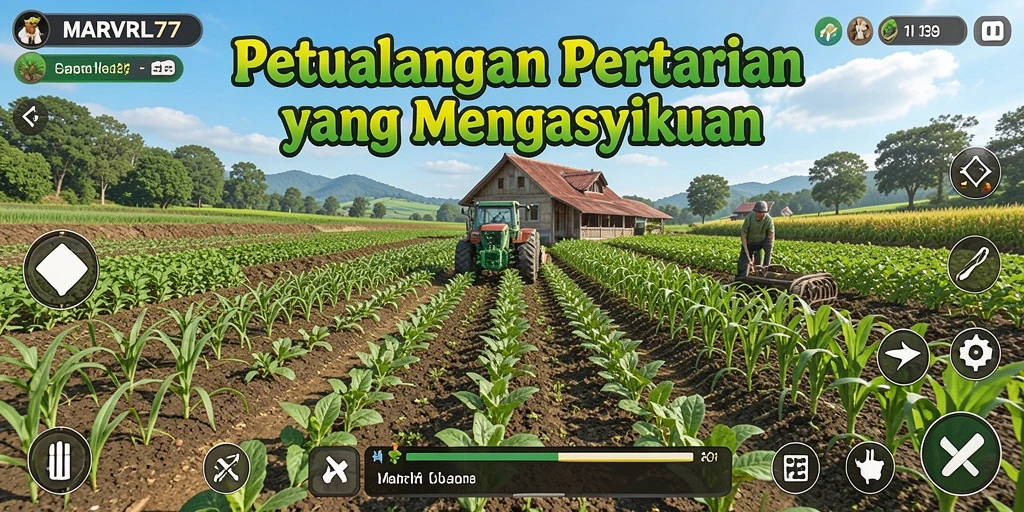 Screenshot gameplay MARVRL77 menampilkan aktivitas bertani yang seru dan interaksi sosial.