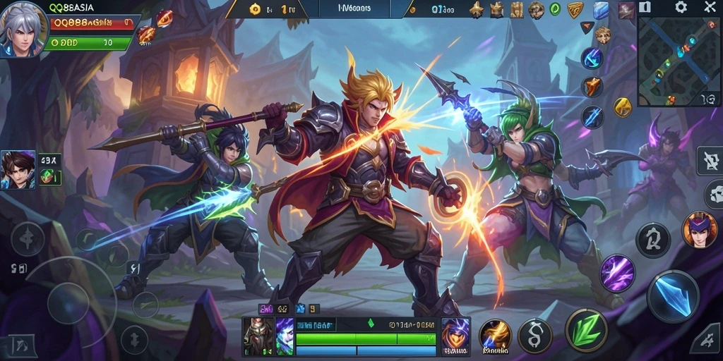 Screenshot gameplay QQ88ASIA menampilkan pertarungan tim yang epik dan karakter yang unik.