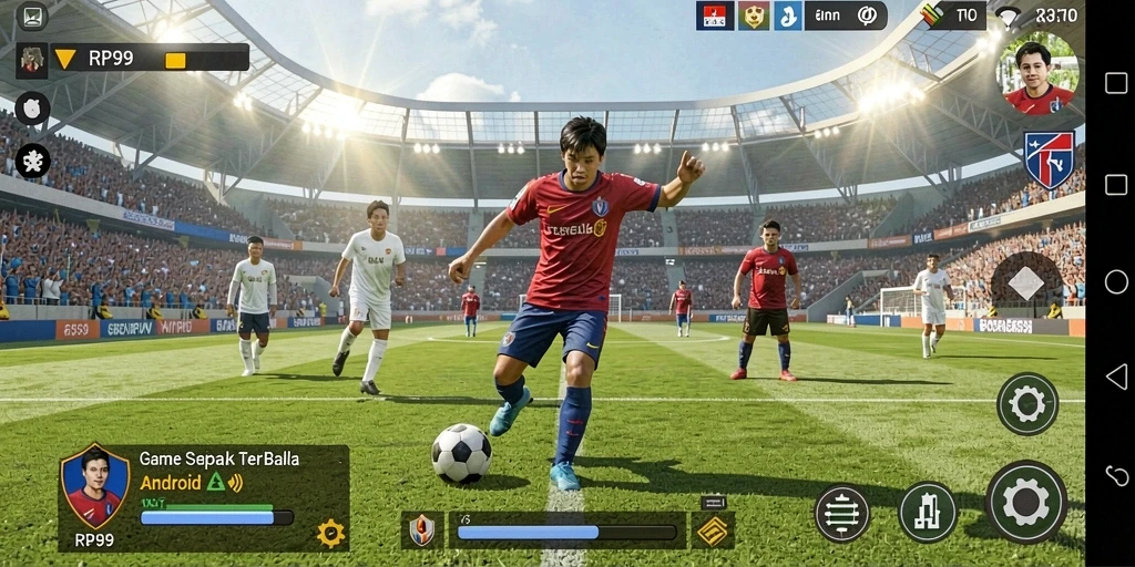 Screenshot utama menunjukkan aksi sepak bola yang seru dalam RP99.