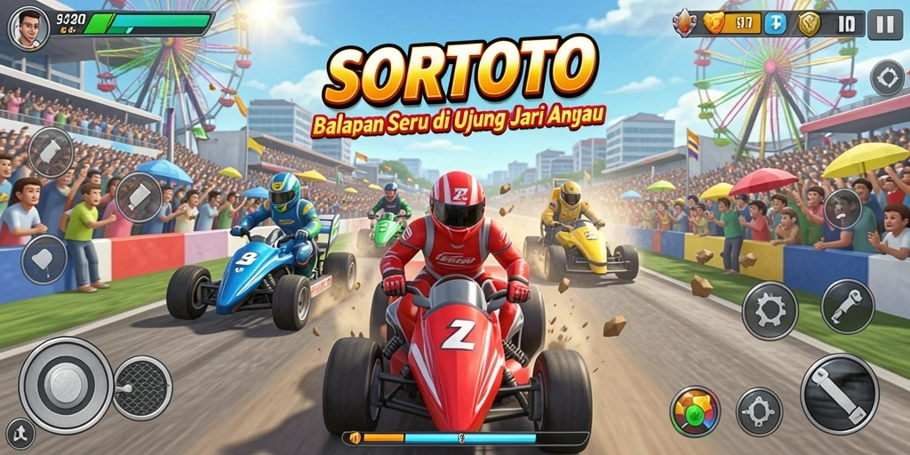 Gambar gameplay SORTOTO menunjukkan balapan yang mendebarkan dan realistik.
